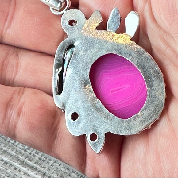 Artisan Pink Dyed Agate Pendant With Glass Accents Silver Tone Metal - Picture 2 of 8
